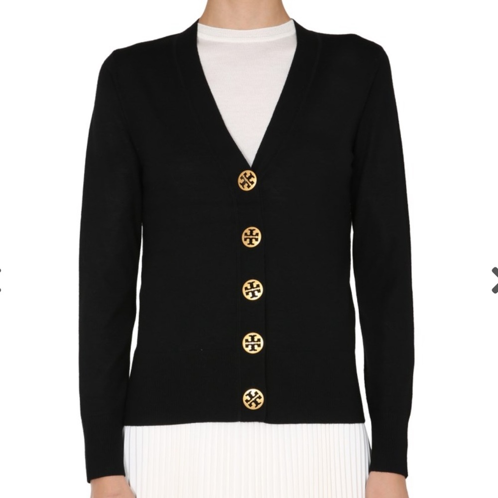 Tory Burch Simone Merino Cardigan Black Gold Buttons size Small